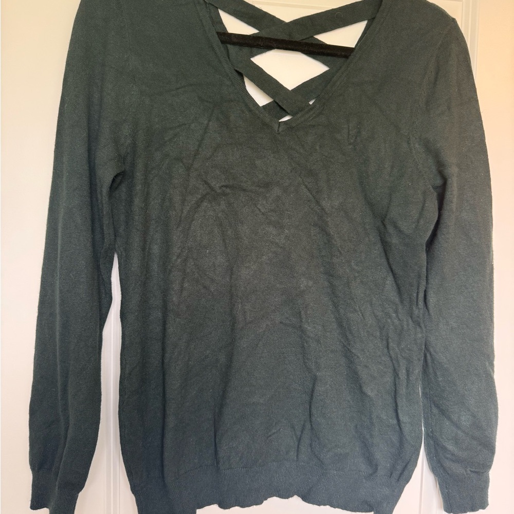 Elegant Green V-Neck Sweater with Unique Strap Design